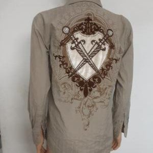 Sranderz man Shirt Size L Long Sleeve Beige Brown Embroider crossed swords *780